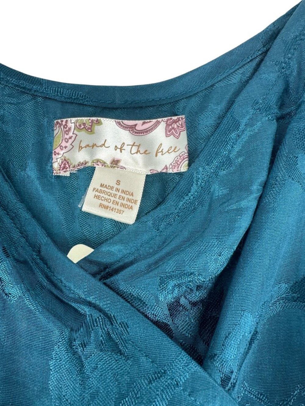 Band of the Free Top Small Teal Silk Jacquard Puff Sleeve Tie Front Crop Boho - Picture 4 of 6